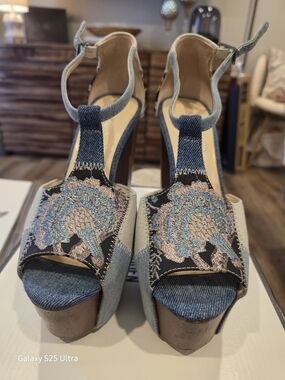 Jessica Simpson Denim Platform Sandals with Pink & Blue Embroidery